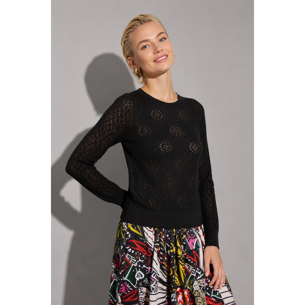 Figue Womens Black Pointelle Mesh Knit Long Sleeve Crew Neck Top Sheer Floral
